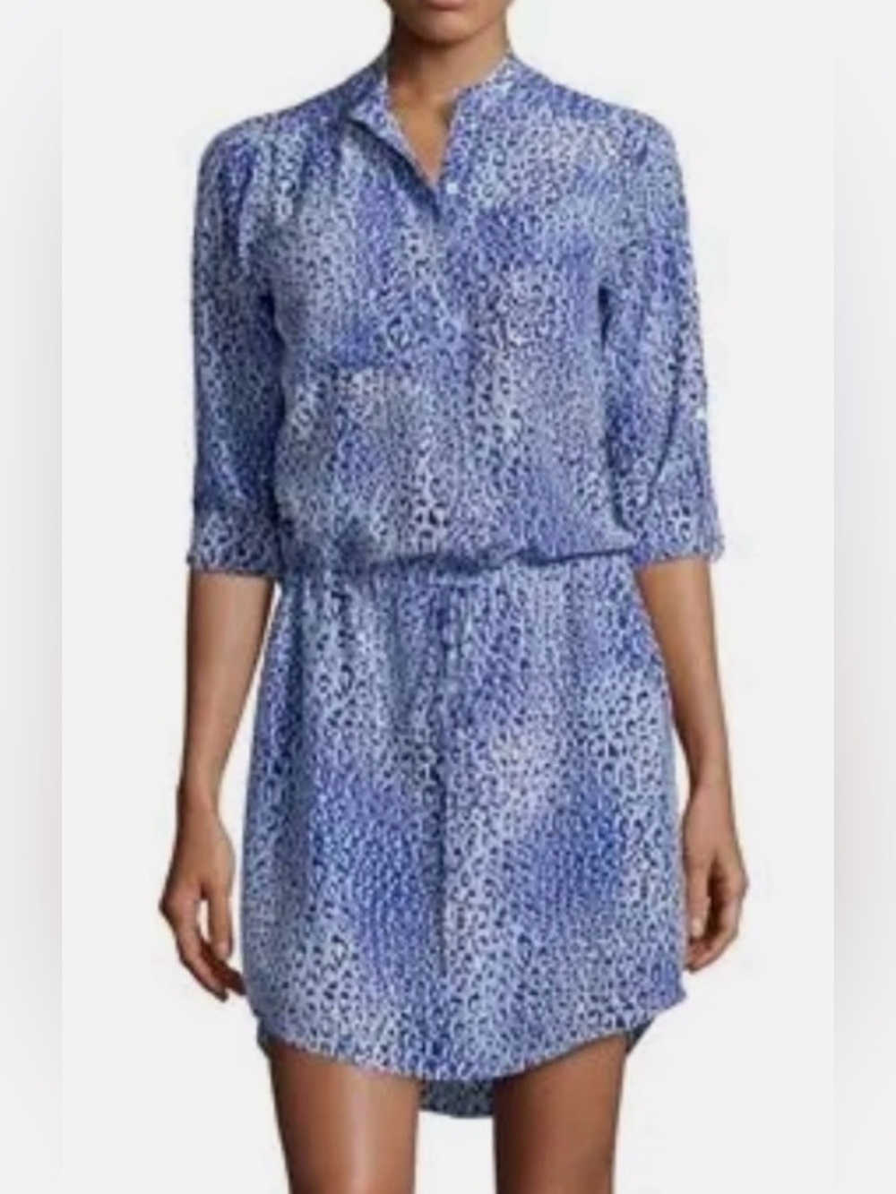 Rebecca Taylor Dress Blue Leopard Fever Silk Tab Sleeve  drawstring Size 2 EUC